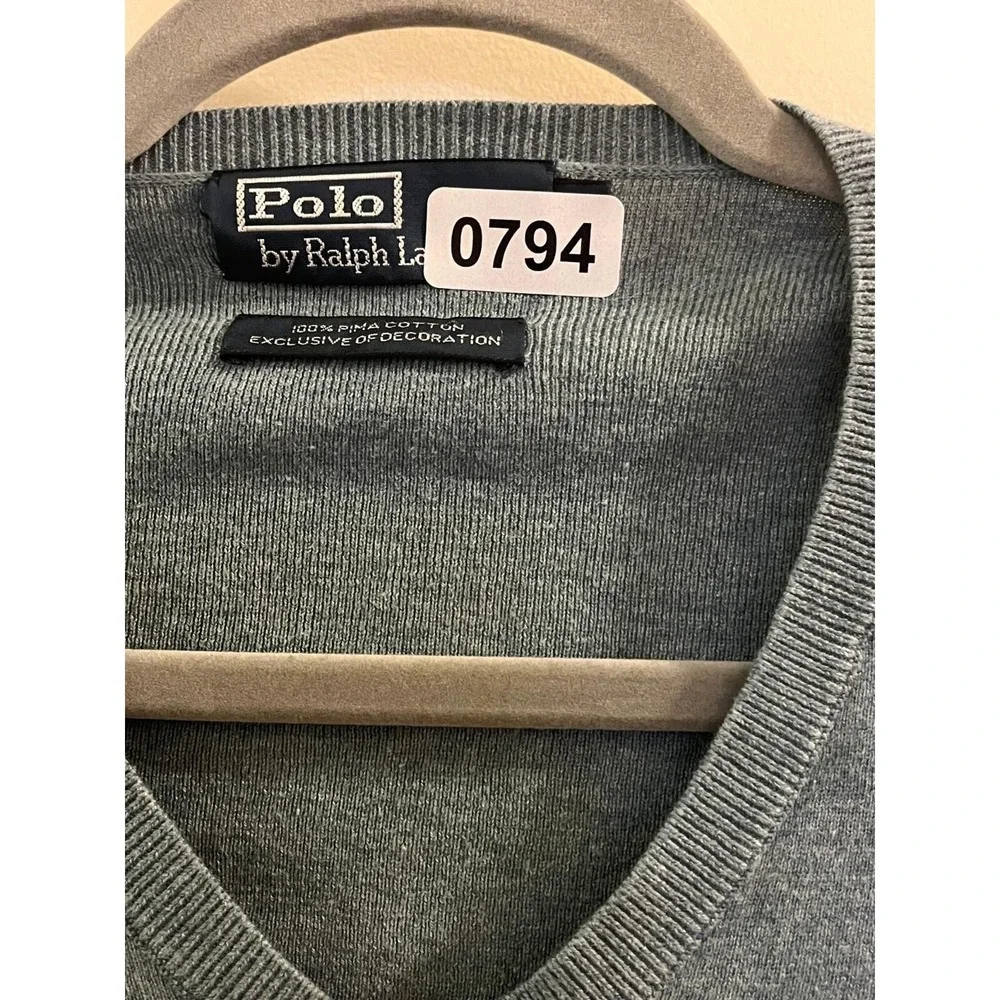 Polo By Ralph Lauren‎ Pullover Sweater Men L Grey Long Sleeve V-Neck Pima Cotton